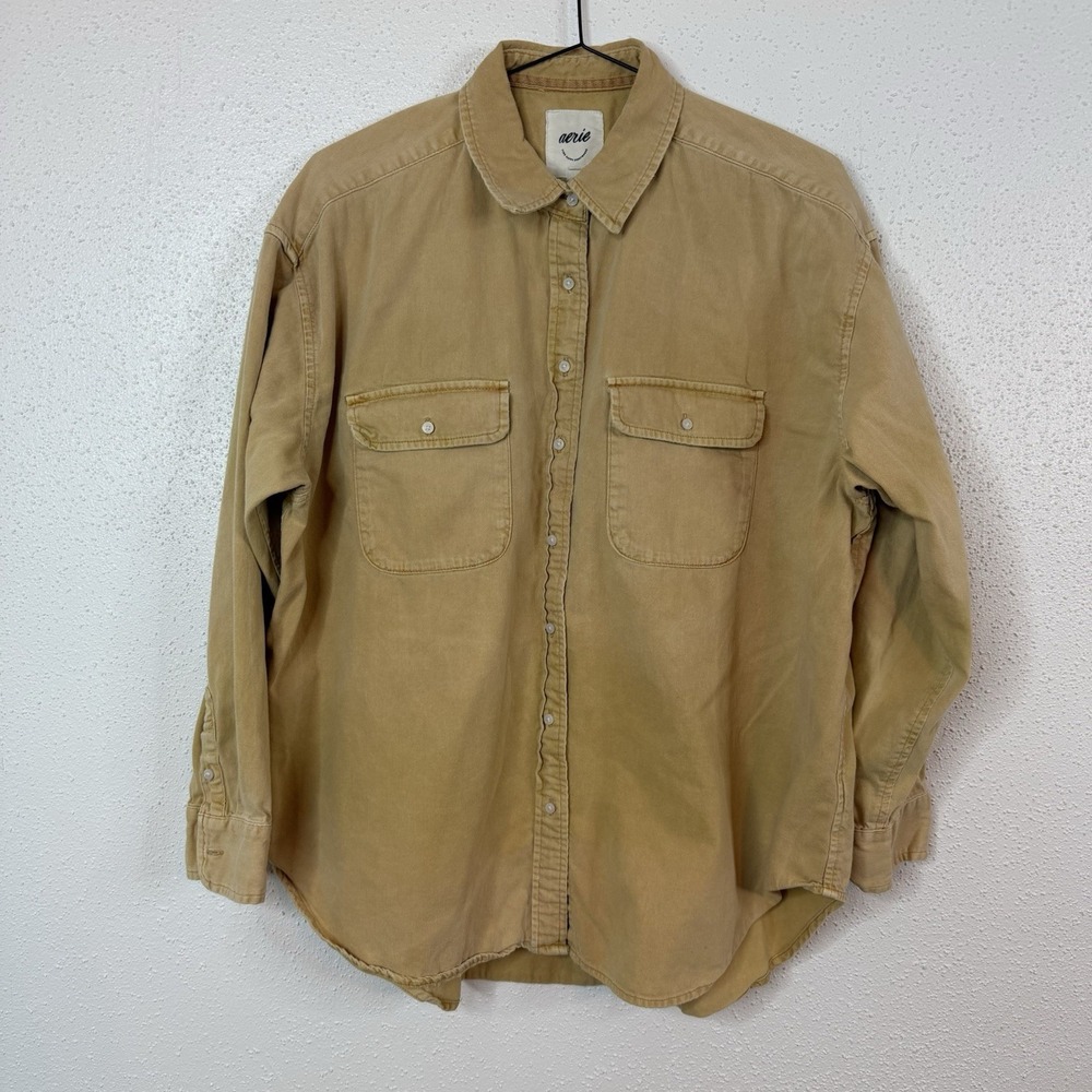Aerie Womens Solid Beige Cotton Twill Button-Up Point Collar Pocket Shirt S/P